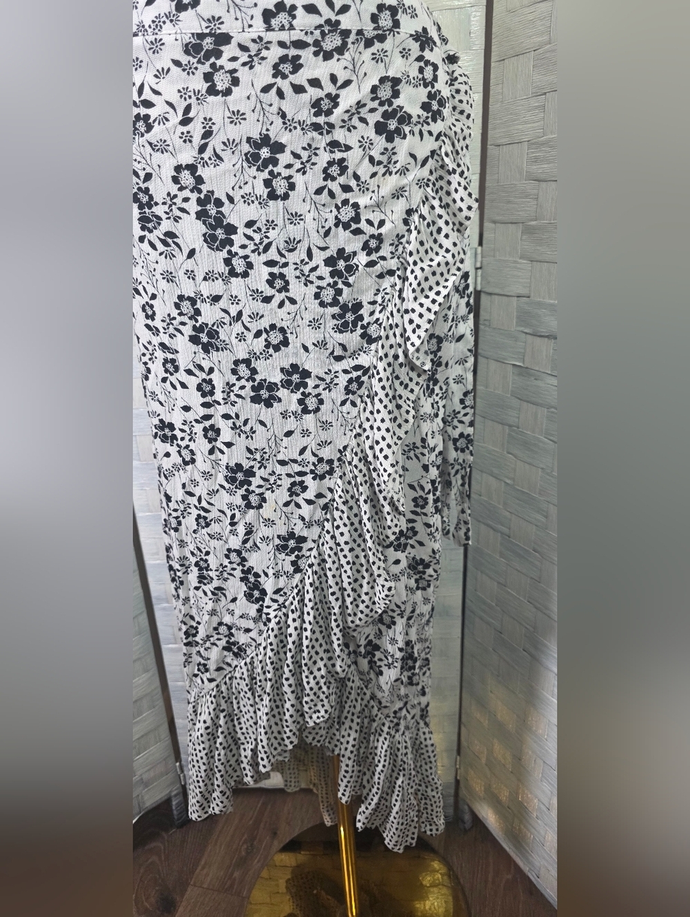 Maurices Black and White Asymmetrical Floral Ruffle Skirt